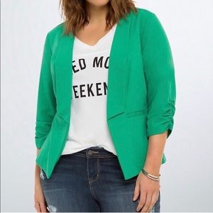 Torrid Green Ruched 3/4 Sleeve Open Front Blazer